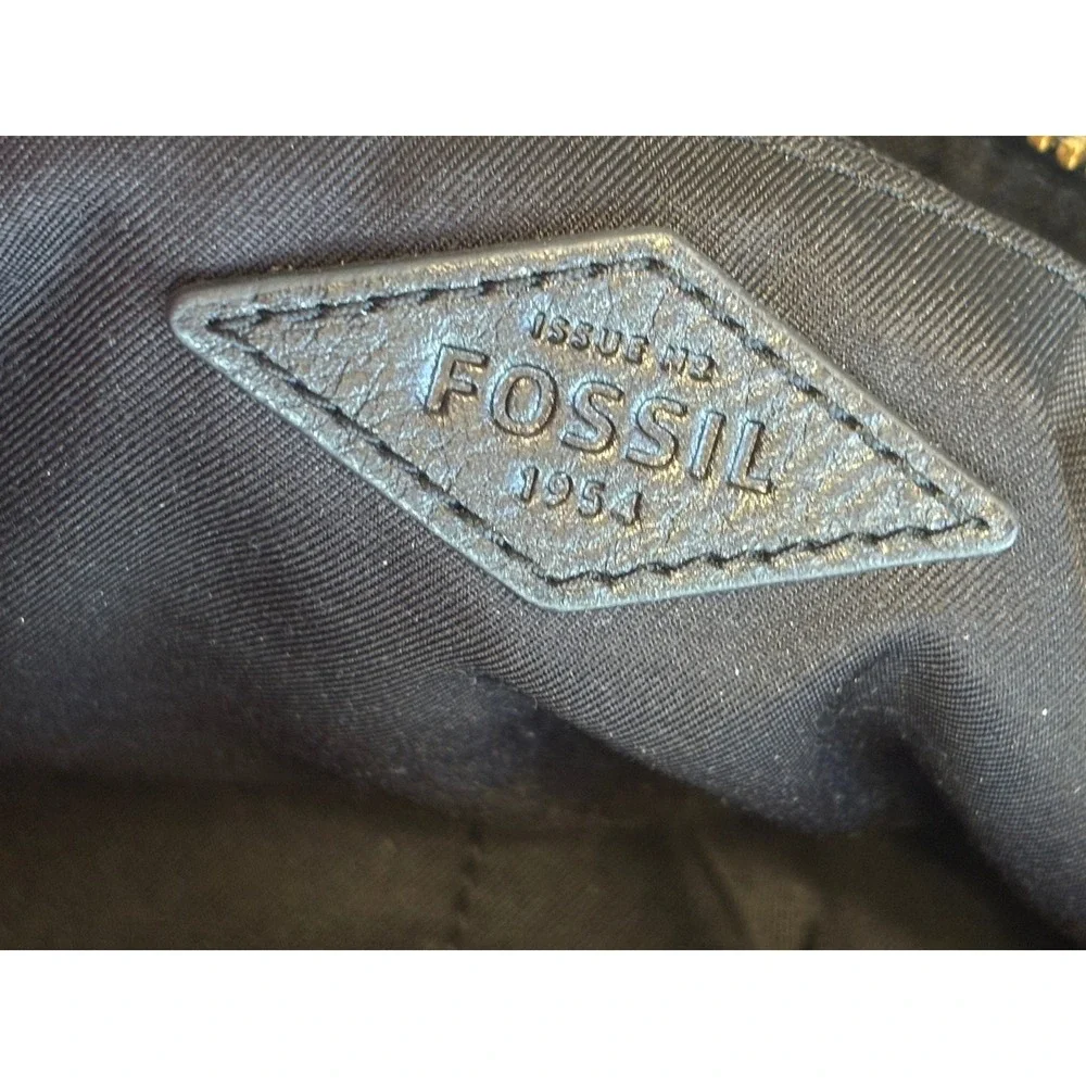 FOSSIL Striped Leather Crossbody Handbag Bag Black Brown‎ Gold Brass Prep Medium